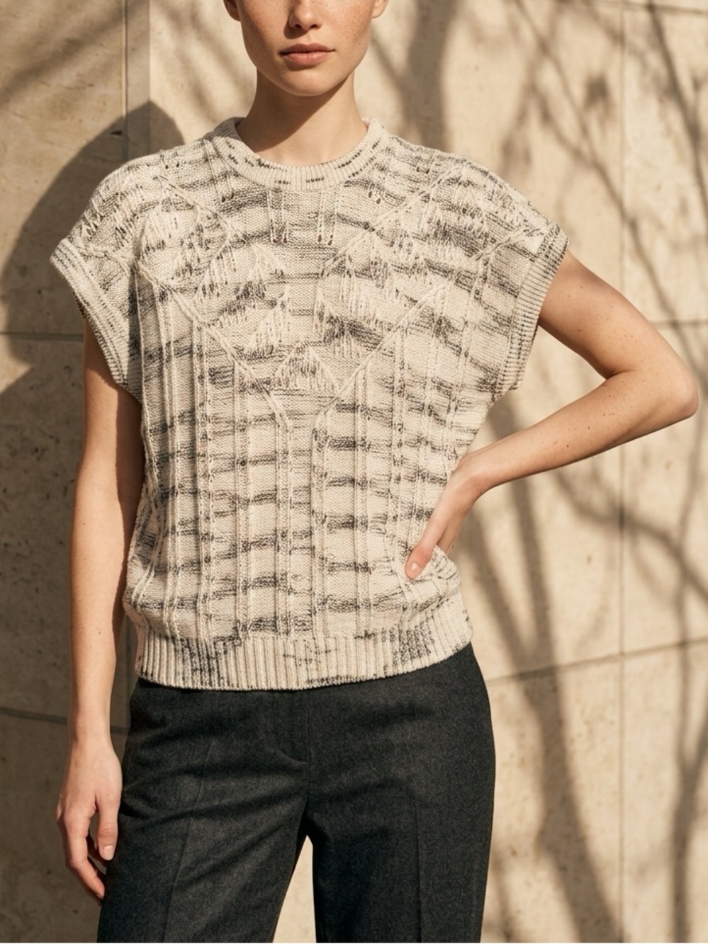 Vintage Cable-Knit Short Sleeve Sweater Vest - Cream/Gray M-XL - Picture 1 of 9